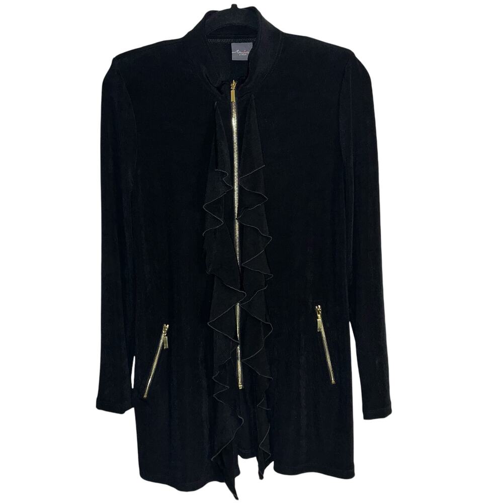 Chico’s Travelers Black Ruffle Zip Jacket Chico Size 0 (XS) Travel Knit